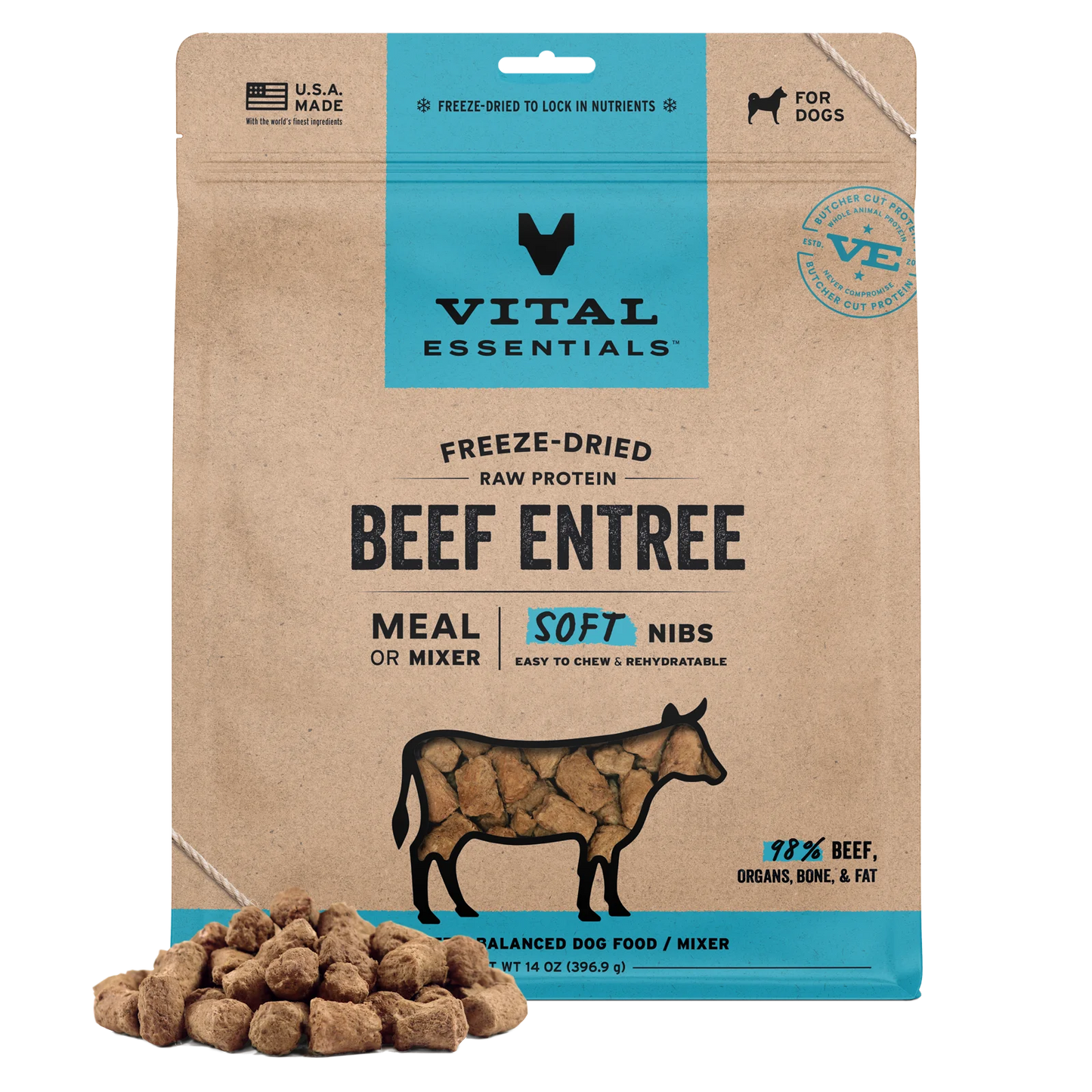 Vital Essentials Beef Soft Nibs Meal or Mixer Freeze-Dried Raw Dog Food, 14-oz Bag