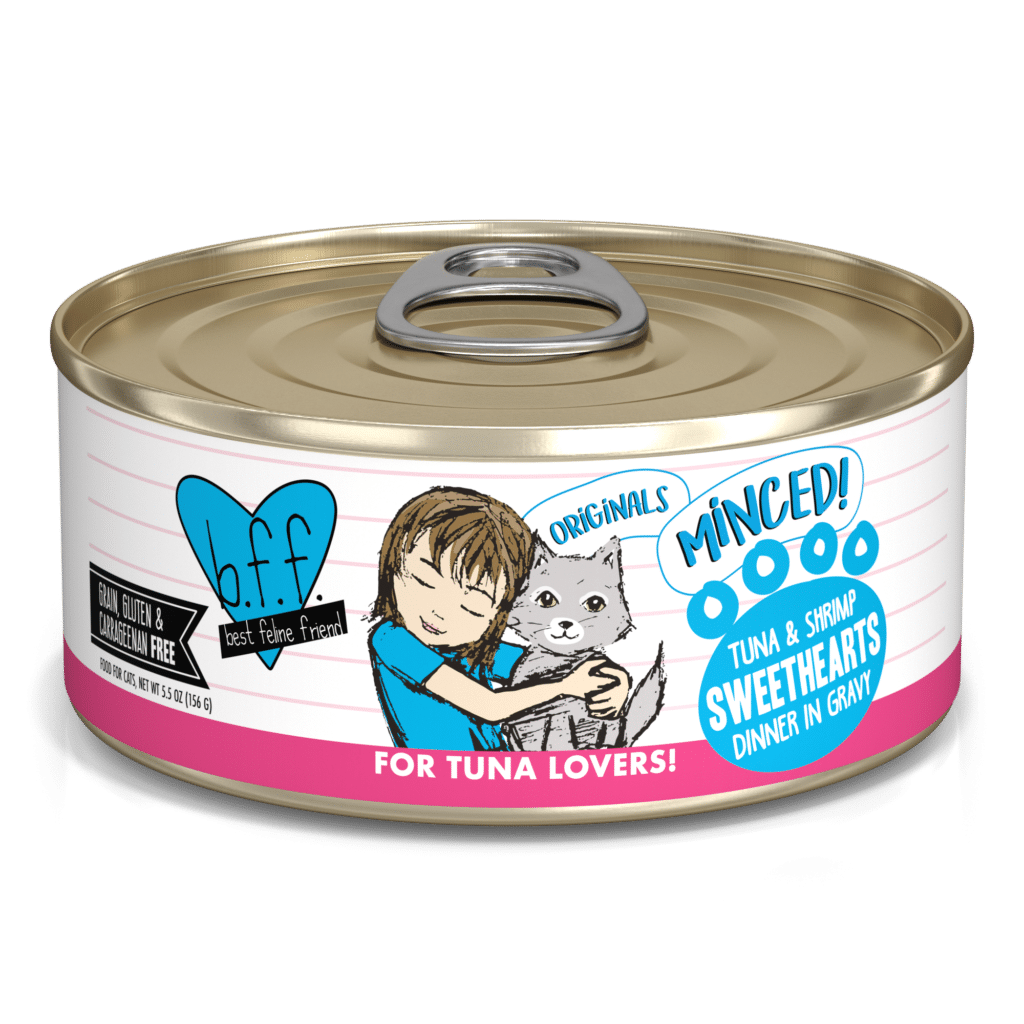 Weruva BFF Original Minced! Tuna And Shrimp Sweethearts, Tuna and Shrimp Dinner In Gelee