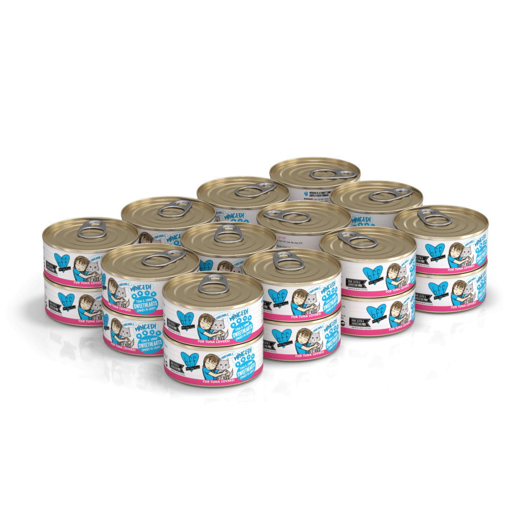 Weruva BFF Original Minced! Tuna And Shrimp Sweethearts, Tuna and Shrimp Dinner In Gelee