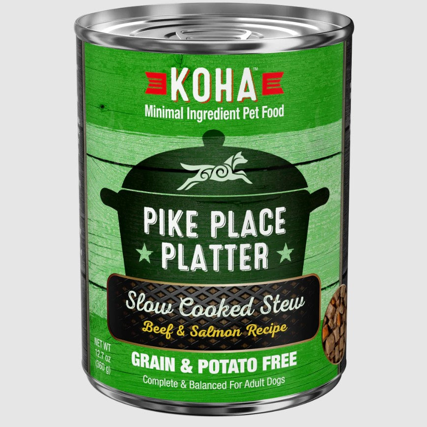 Koha Pike Place Platter Slow Cooked Stew Beef And Salmon Recipe, Wet Dog Food, 12.7-Oz Case Of 12