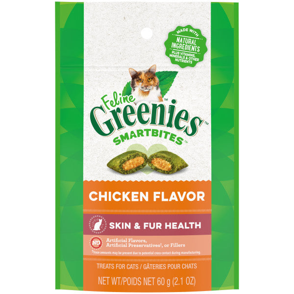 FELINE GREENIES SMARTBITES Skin & Fur Crunchy and Soft Natural Cat Treats Chicken Recipe, 2.1-oz Bag