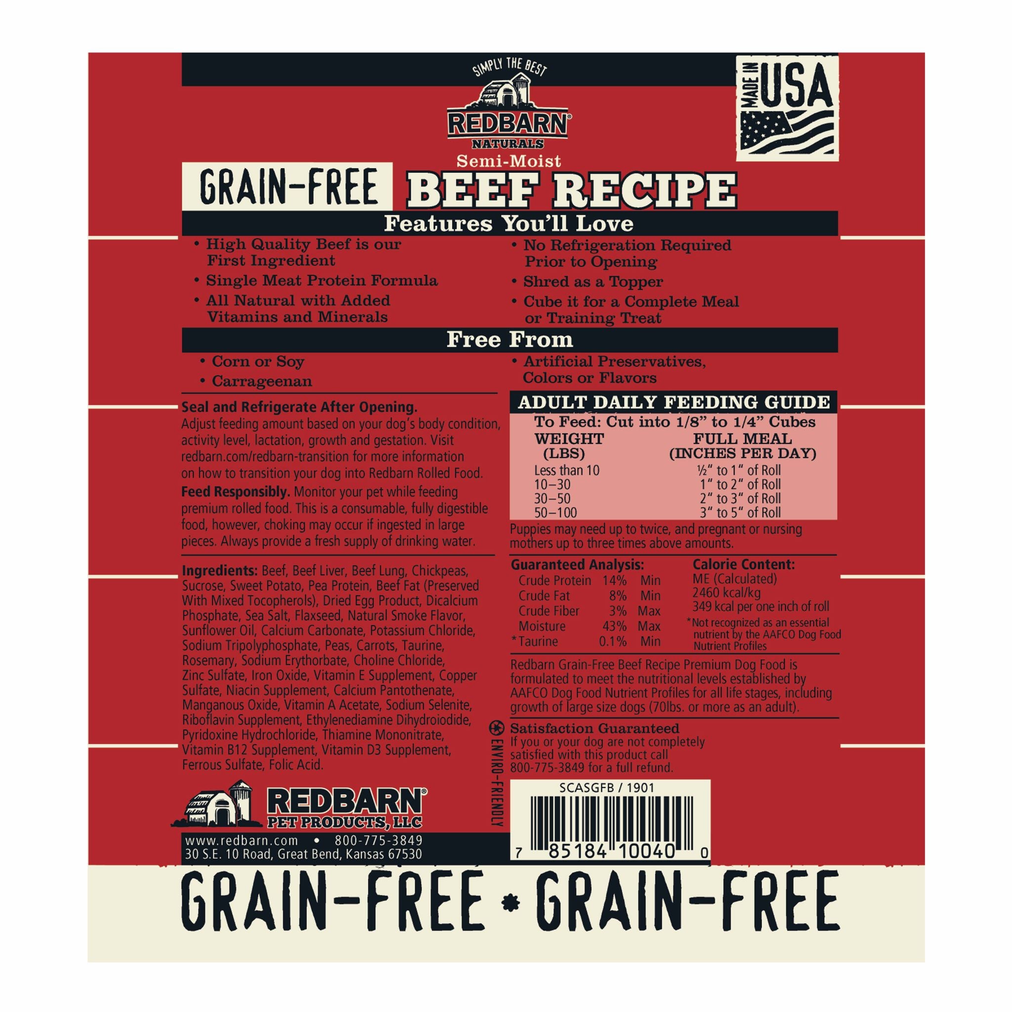 Redbarn Grain Free Beef Recipe Rolled Dog Food 3 lb Roll