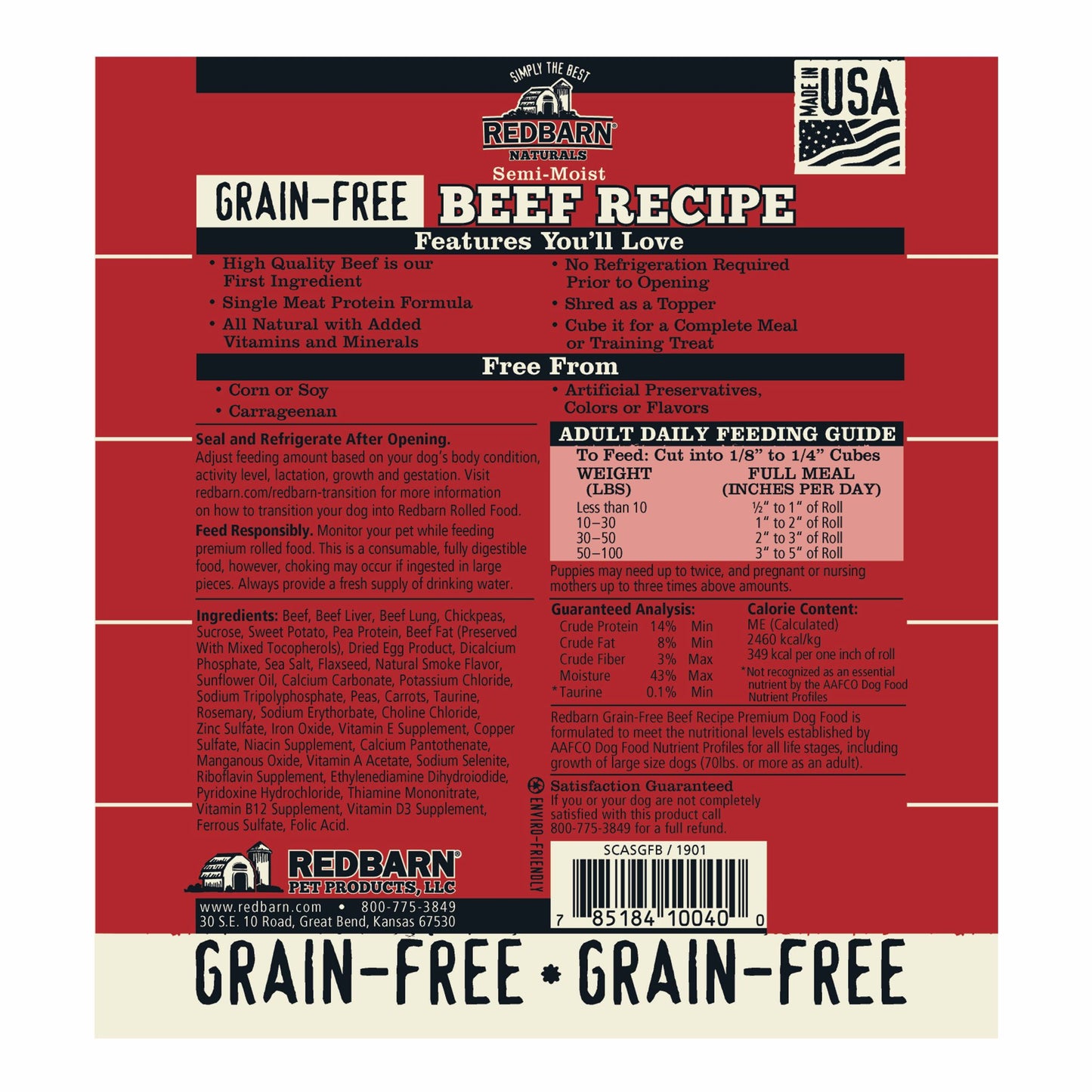 Redbarn Grain Free Beef Recipe Rolled Dog Food, 3-lb Roll
