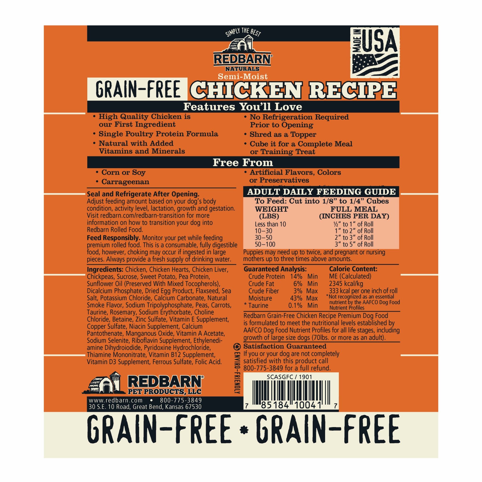 Redbarn Grain Free Chicken Recipe Rolled Dog Food 3 lb Roll