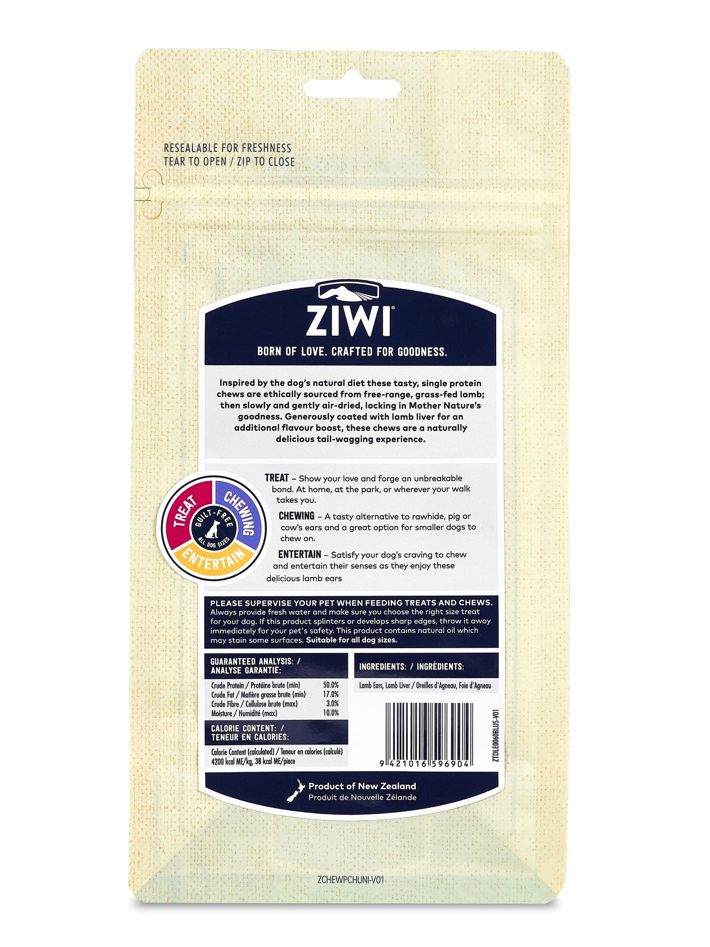ZIWI Lamb Ears - Liver Coated, 2.1-oz Bag