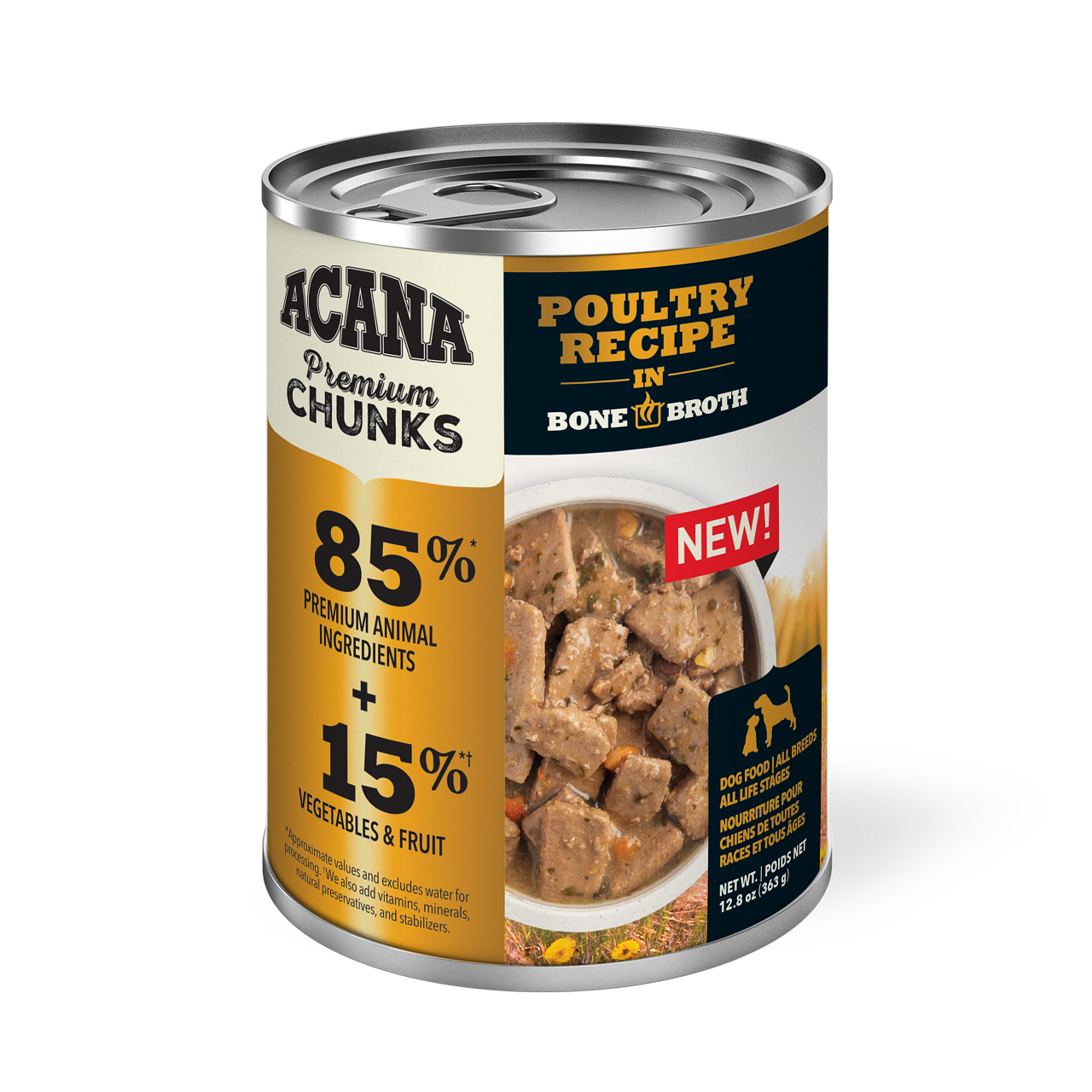 Acana Premium Chunks, Poultry Recipe in Bone Broth Wet Dog Food, 12.8-oz, Case of 12