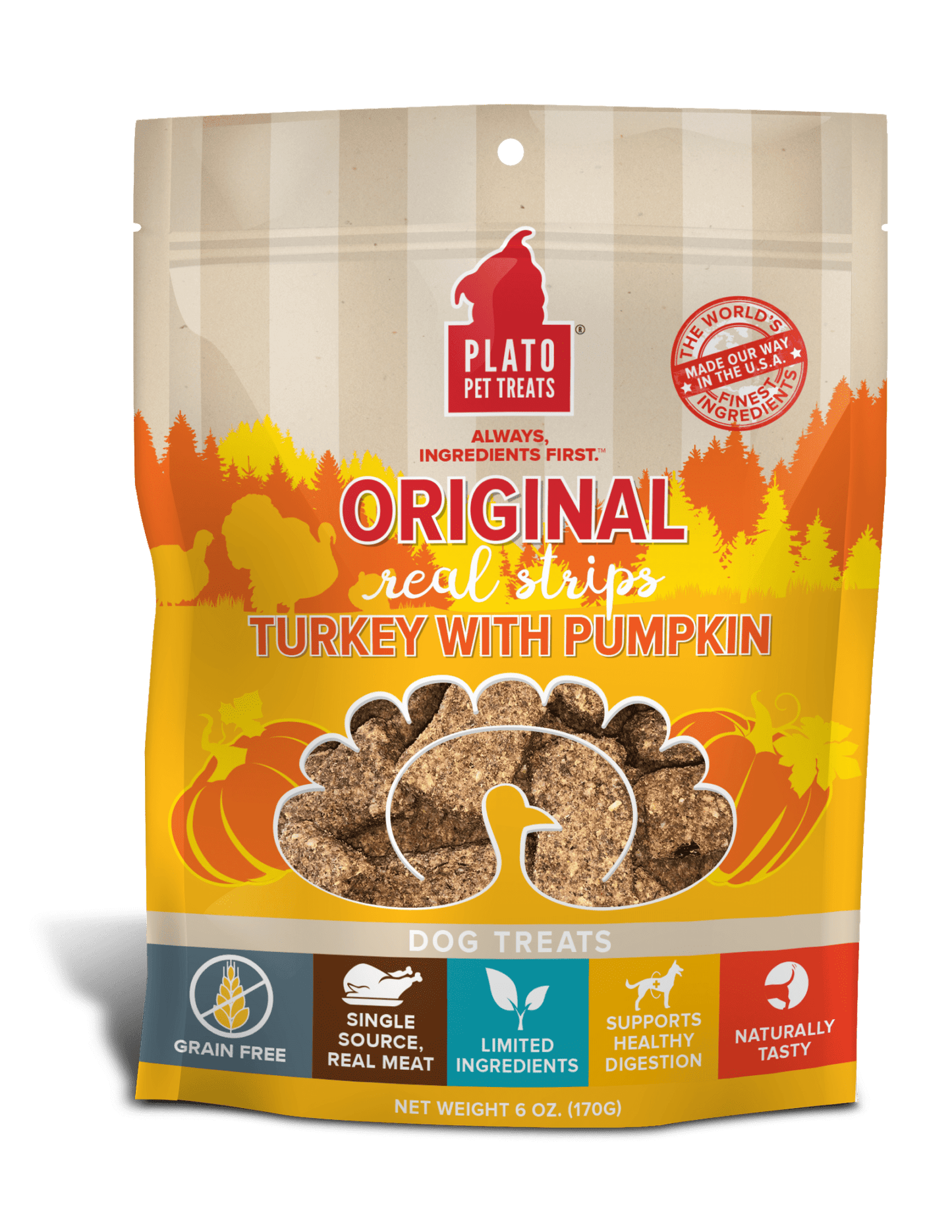 Plato Real Strips Grain Free Meat Bar Dog Treats, Turkey And Pumpkin Recipe