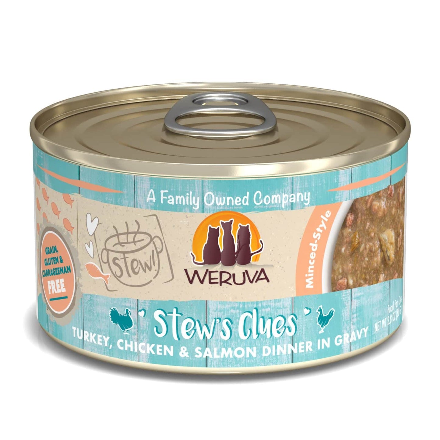 Weruva Stew's Clues Turkey, Chicken, and Salmon Dinner in Gravy, Wet Cat Food, 2.8-oz Case of 12