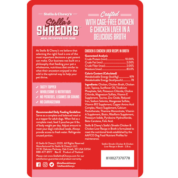 Stella and Chewy's Shredrs Cage-Free Chicken & Chicken Liver Recipe 2.8-oz, Wet Dog Food