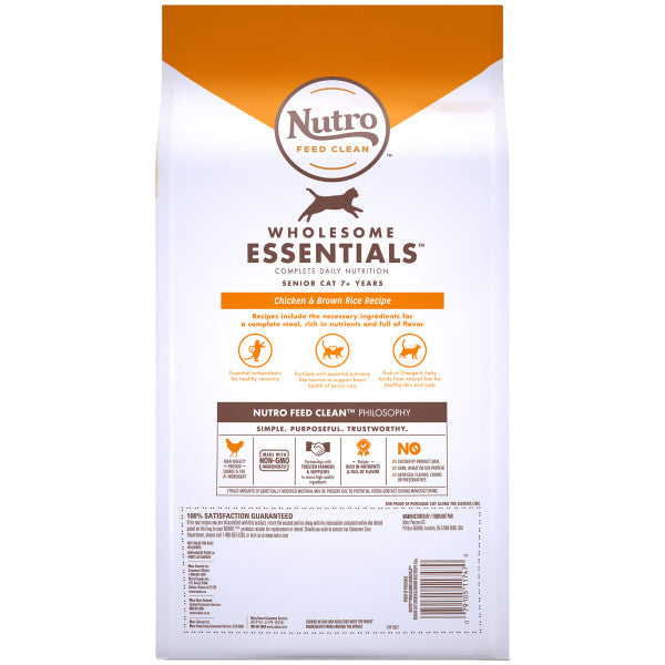 NUTRO WHOLESOME ESSENTIALS Senior Indoor Natural Dry Cat Food Farm-Raised Chicken & Brown Rice Recipe, 3-lb Bag
