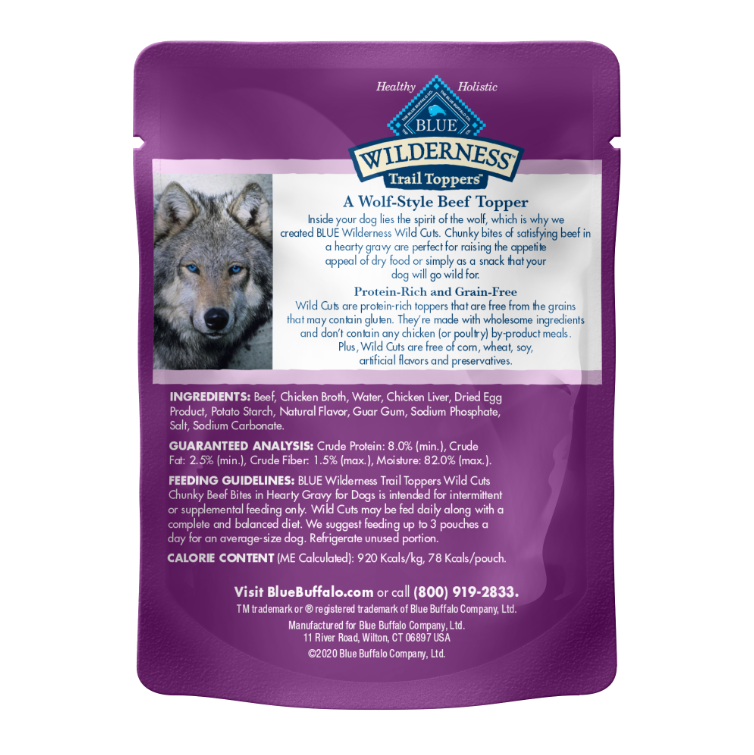 Blue Buffalo Wilderness Trail Toppers Wild Cuts High Protein, Natural Wet Dog Food, Chunky Beef Bites in Hearty Gravy 3-oz pouches, Case of 24
