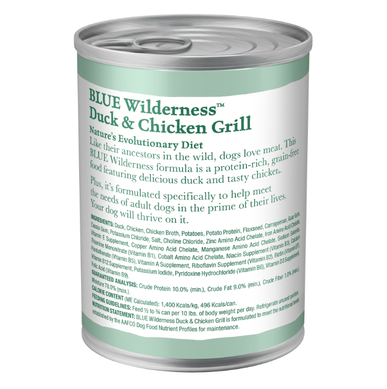 Blue Buffalo Wilderness High Protein, Natural Adult Wet Dog Food, Duck & Chicken Grill 12.5-oz, Case of 12