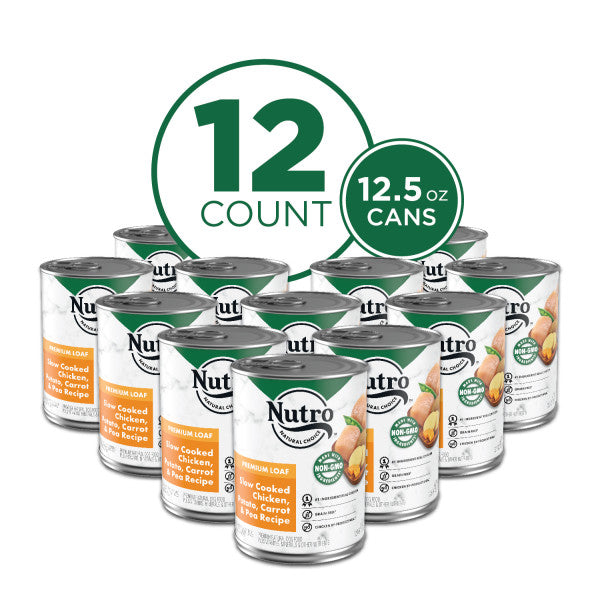 Nutro Premium Loaf Adult Natural Wet Dog Food Slow Cooked Chicken, Potato, Carrot & Pea Recipe, 12.5-oz Case of 12