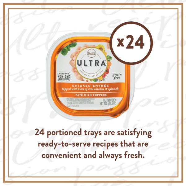 Nutro Ultra Grain Free Adult Soft Wet Dog Food Paté With Toppers Chicken Entrée topped with bites of real chicken & spinach, 3.5-oz Case of 24