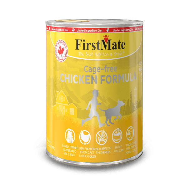 FirstMate Limited Ingredient – Cage Free Chicken Wet Dog Food, Case of 12, 12.2-oz Cans