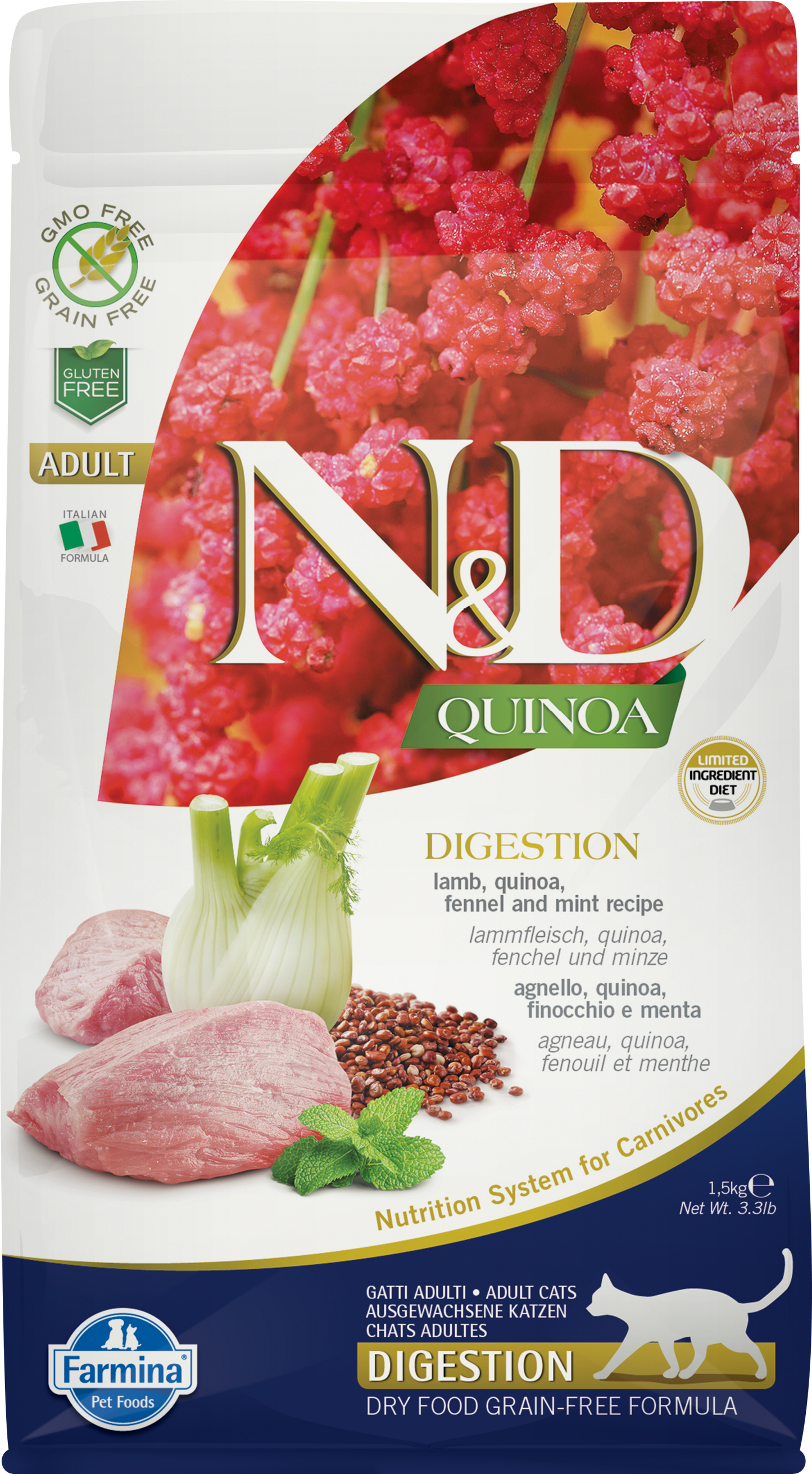 Farmina N&D Quinoa Digestion – Lamb, Quinoa, Fennel and Mint Dry Cat Food, 3.3-lb Bag
