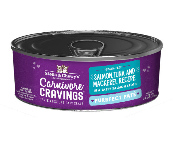 Stella & Chewy's Carnivore Cravings Purrfect Pate Salmon, Tuna, and Mackerel Pate Recipe in Broth, 2.8-oz Case of 12
