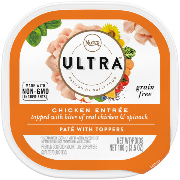 Nutro Ultra Grain Free Adult Soft Wet Dog Food Paté With Toppers Chicken Entrée topped with bites of real chicken & spinach, 3.5-oz Case of 24