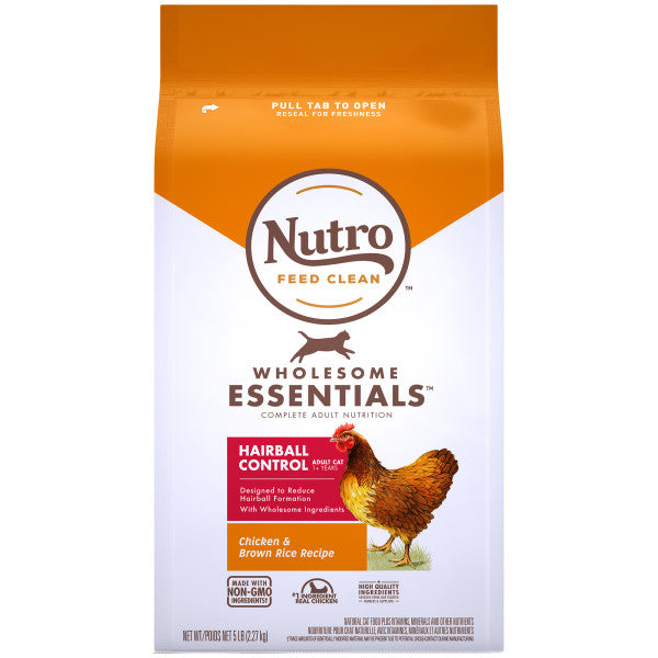 NUTRO WHOLESOME ESSENTIALS Natural Dry Cat Food, Hairball Control Adult Cat Chicken & Brown Rice Recipe, 5-lb Bag