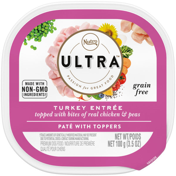 Nutro Ultra Grain Free Adult Soft Wet Dog Food Paté With Toppers Turkey Entrée topped with bites of real chicken & peas, 3.5-oz Case of 24