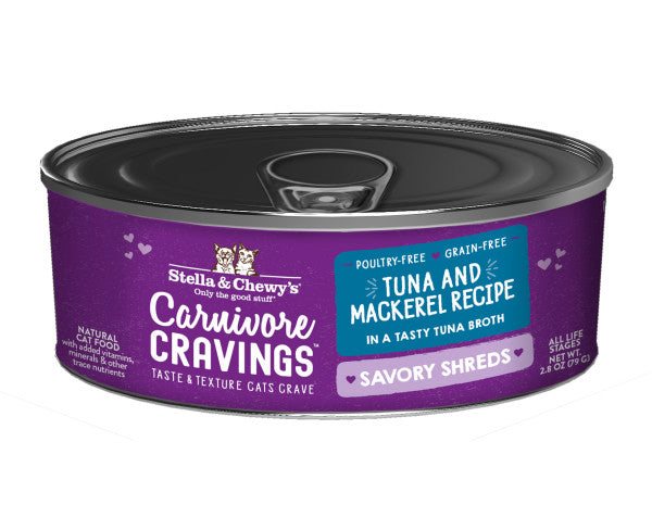 Stella & Chewy's Carnivore Cravings Savory Shreds - Tuna & Mackerel Recipe Dinner in Broth, Wet Cat Food