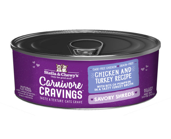 Stella & Chewy's Carnivore Cravings Savory Shreds - Chicken & Turkey Recipe Dinner in Broth, Wet Cat Food