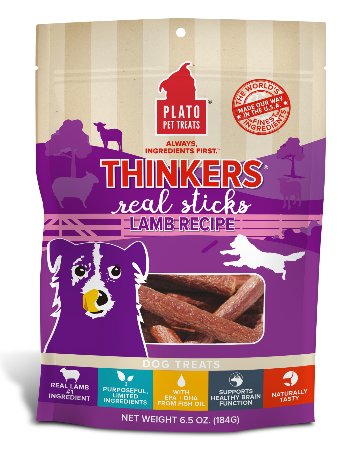 Plato Thinkers Meat Stick Dog Treats, Lamb Recipe