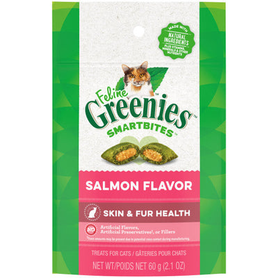 Feline Greenies Smartbites Skin & Fur Crunchy and Soft Natural Cat Treats Salmon Recipe, 2.1-oz Bag
