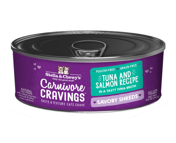 Stella & Chewy's Carnivore Cravings Savory Shreds -Tuna and Salmon Recipe Dinner in Broth, 2.8-oz Case of 12