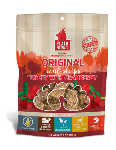 Plato Real Strips Grain Free Meat Bar Dog Treats, Turkey And Cranberry Recipe