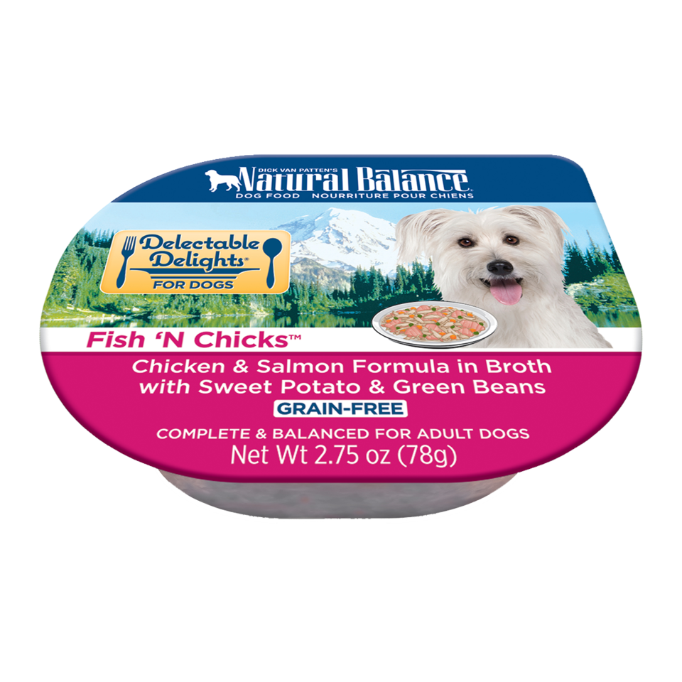 Natural Balance Delectable Delights® Grain Free Fish 'N Chicks™ Chicken & Salmon Formula in Broth With Sweet Potato & Green Beans, Wet Dog Food, 2.75-oz Case of 24