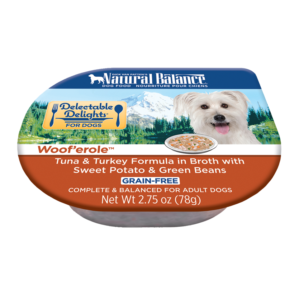 Natural Balance Delectable Delights® Woof'erole® Tuna & Turkey Formula in Broth with Sweet Potato & Green Beans, Wet Dog Food, 2.75-oz Case of 24